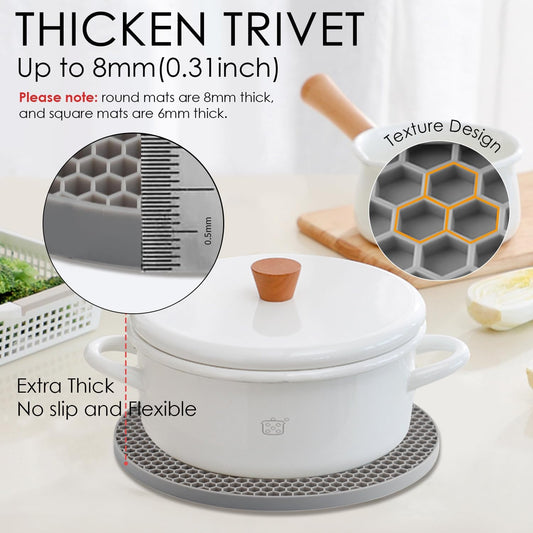 Silicone Trivet Mats, Silicone Pot Holders for Hot Pots and Pans, Heat Resistant Counter Mats for Tables, Countertops, Spoon Rest and Large Coasters, 4 Pack Gray Trivets for Hot Dishes