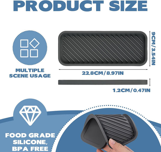 2-pack Silicone Sink Organizer Tray,Multi-functional Draining Mat for Dinning Table,Bathroom,Makeup,kitchen sink organizer,Heat Resistant,BPA Free,Non-Slip and Easy to Clean,9x3.5Inch. (gray)