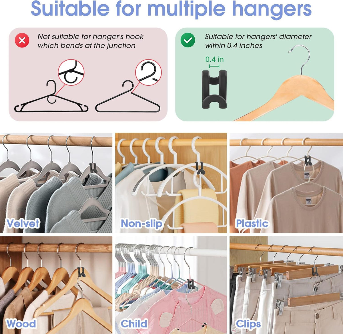 100Pcs Space Saving Hanger Hooks, Plastic Hanger Connector Hooks Black