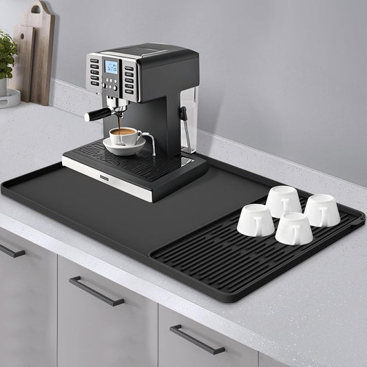 Silicone Coffee Mat 24"x16", 2-in-1 Coffee Bar Mat with Detachable Drying Mat, Heat Resistant Espresso Machine Mat, Non-Slip Under Coffee Maker Mat for Countertop, Fits Breville Ninja Keurig, Black