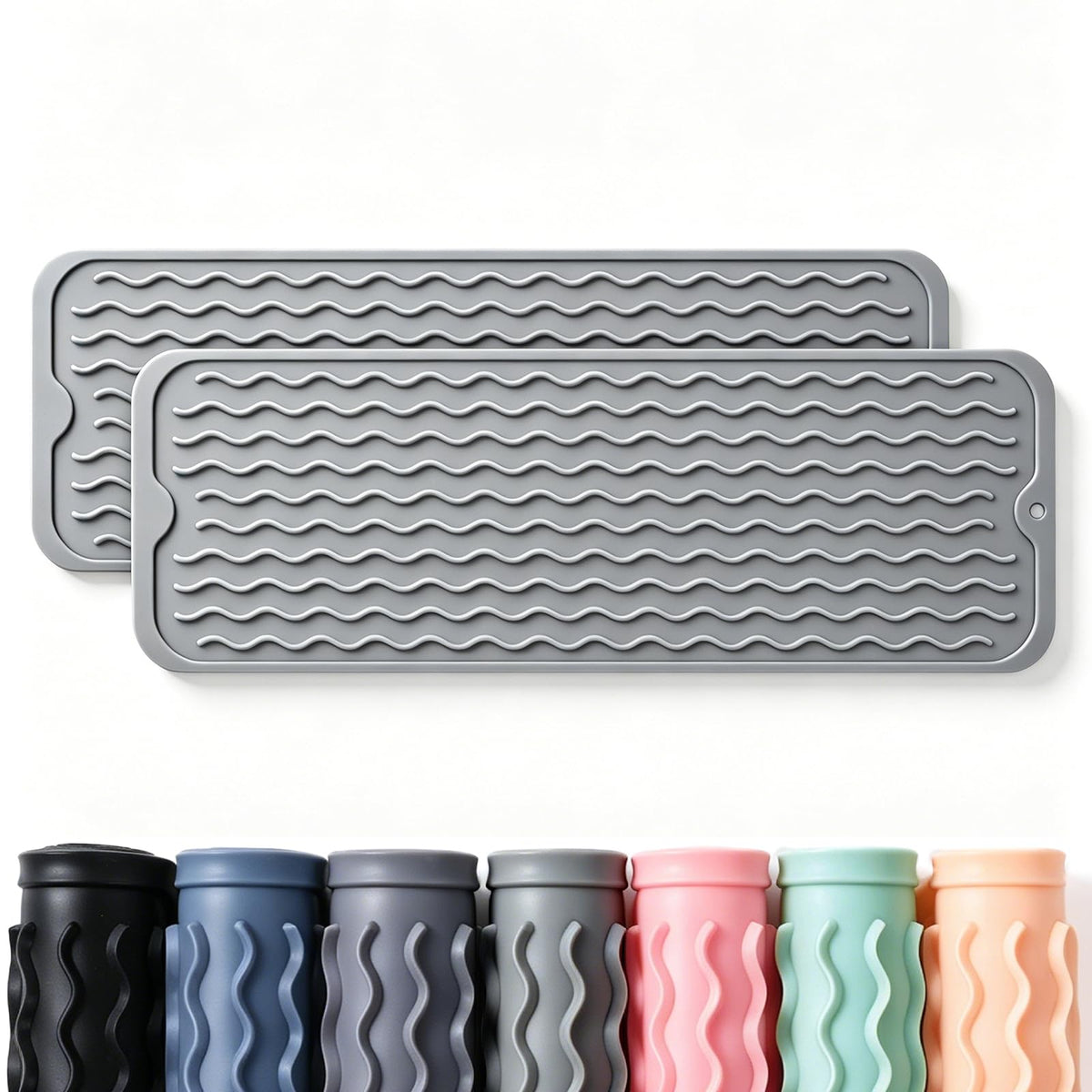 2 Pack Caketime Silicone Dish Drying Mat for Kitchen Counter Cooking Baking Coffee Bar Hot Pads Accessories Dining Home Essentials Under Sink Protector Organizers Stone Rack Trays Drain Black