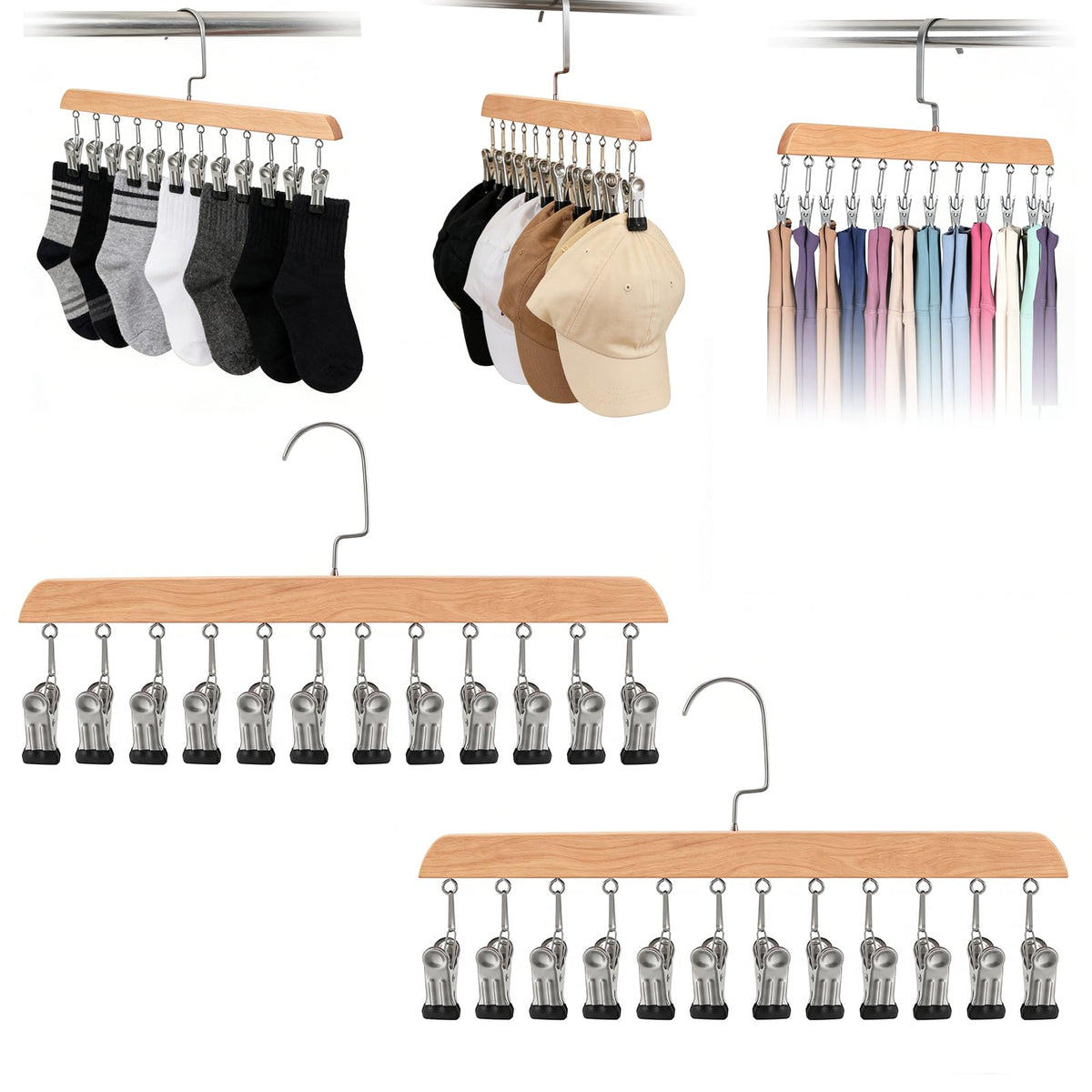 2PCS Space Saving Hanging Clothes Organizer, Wooden Pants Hanger 12-Clip