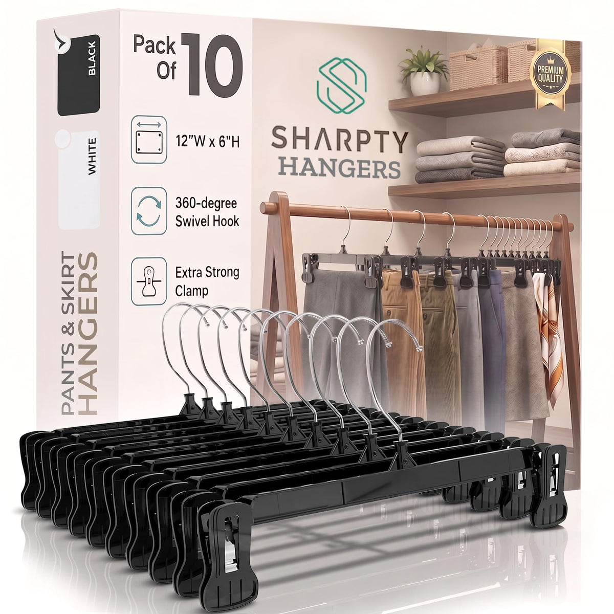 Sharpty Pant & Skirt Hangers - Closet Hangers for Shorts, Shirts, Jeans, Dresses, Slacks, Coats, Clothes, Clothing, Garments & More - Durable, Space Saving & Non-Slip, White - 10 Pack