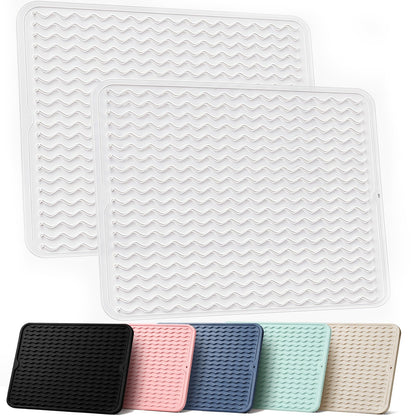 2 Pack Silicone Dish Drying Mat for Kitchen Counter Coffee Bar Apartment Accessories Escurridor de Platos para Fregadero Under Sink Organizer Pet Food Appliance Stone Rack Trays Drain Black