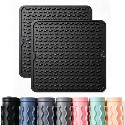 2 Pack Caketime Silicone Dish Drying Mat for Kitchen Counter Cooking Baking Coffee Bar Hot Pads Accessories Dining Home Essentials Under Sink Protector Organizers Stone Rack Trays Drain Black