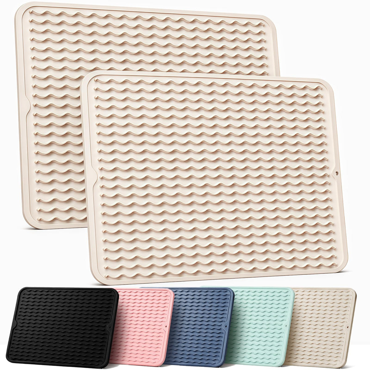2 Pack Silicone Dish Drying Mat for Kitchen Counter Coffee Bar Apartment Accessories Escurridor de Platos para Fregadero Under Sink Organizer Pet Food Appliance Stone Rack Trays Drain Black