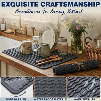 2 Pack Caketime Silicone Dish Drying Mat for Kitchen Counter Cooking Baking Coffee Bar Hot Pads Accessories Dining Home Essentials Under Sink Protector Organizers Stone Rack Trays Drain Black