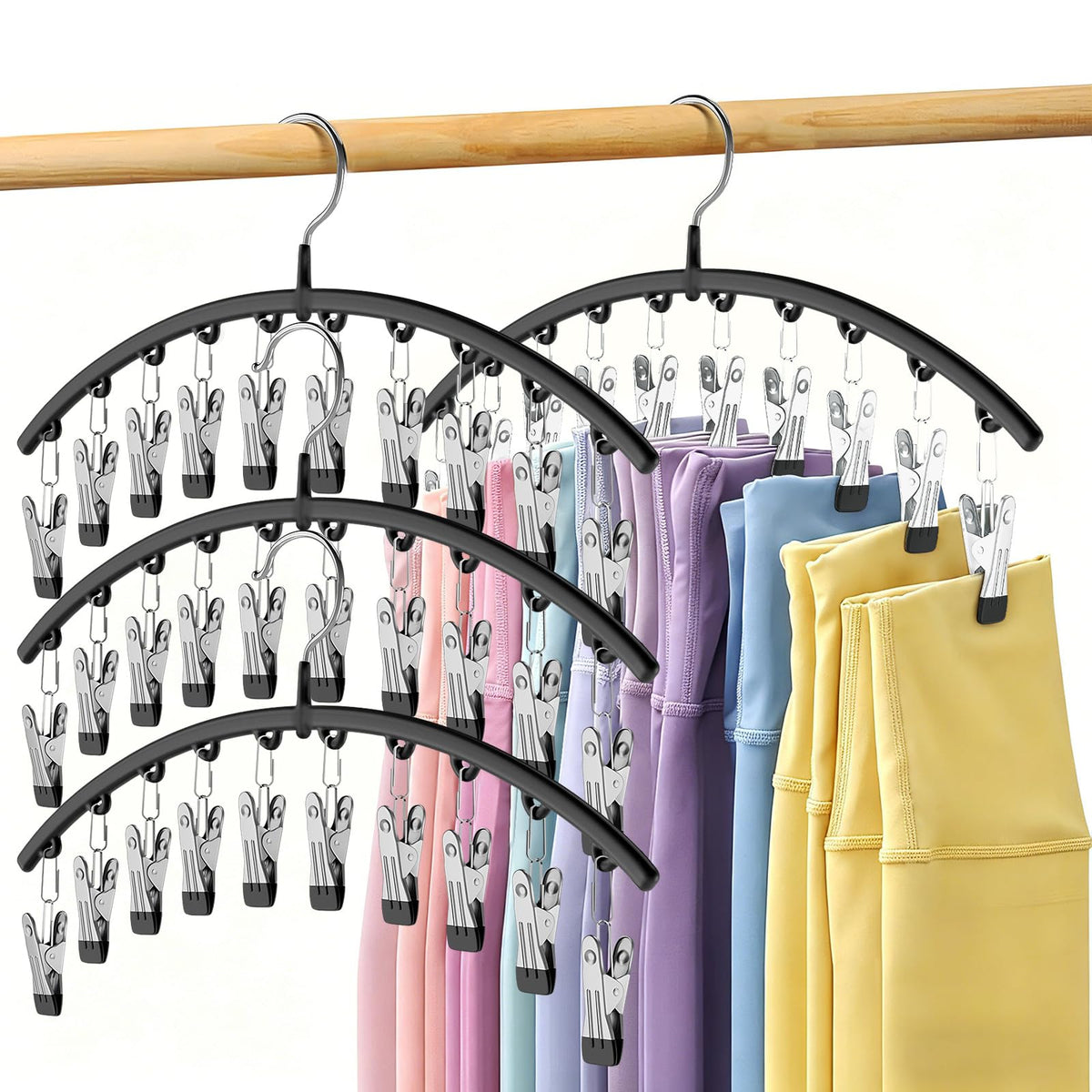 Volnamal Legging Organizer for Closet,2 Pack Metal Yoga Pants Hangers w/10 Clips Hold 20 Leggings,Space Saving Hanging Closet Organizer Clothes Hanger College Dorm Essentials Apartment Essential,Black
