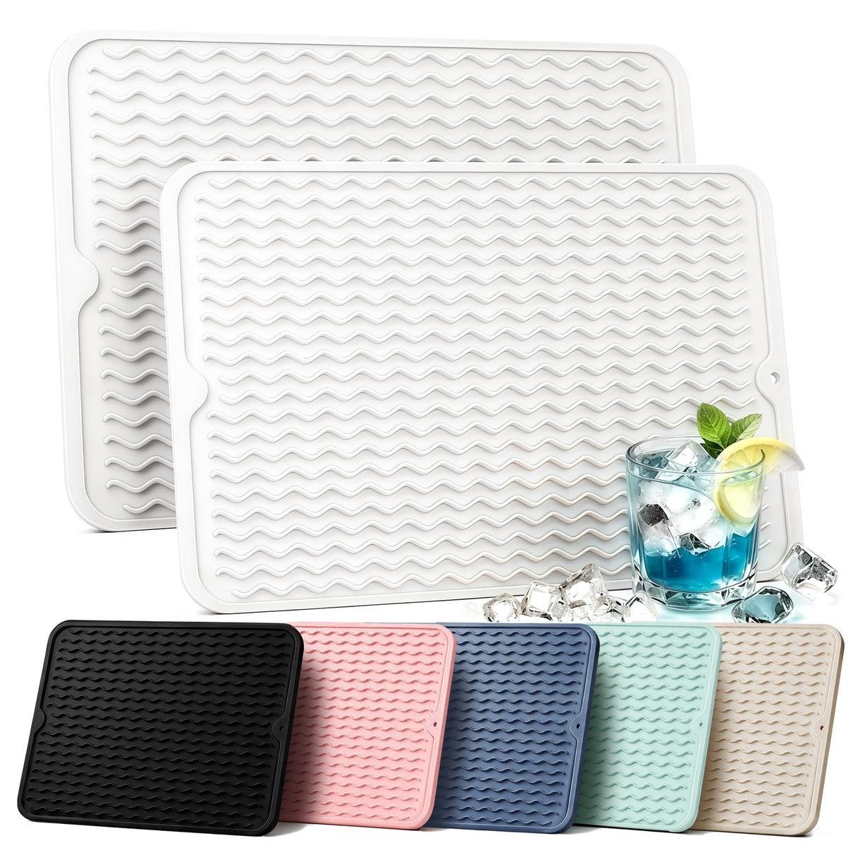 2 Pack Silicone Dish Drying Mat for Kitchen Counter Coffee Bar Apartment Accessories Escurridor de Platos para Fregadero Under Sink Organizer Pet Food Appliance Stone Rack Trays Drain Black