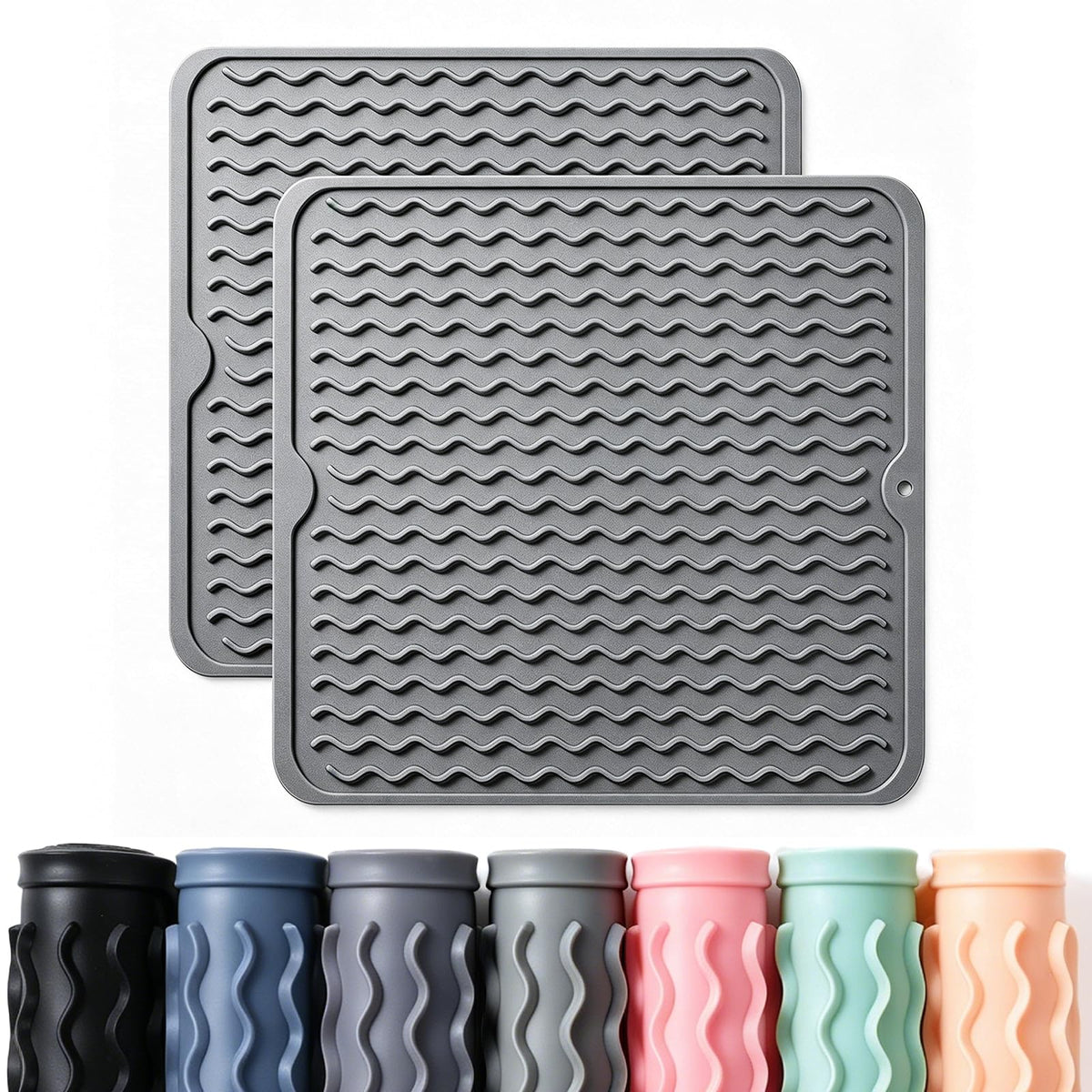 2 Pack Caketime Silicone Dish Drying Mat for Kitchen Counter Cooking Baking Coffee Bar Hot Pads Accessories Dining Home Essentials Under Sink Protector Organizers Stone Rack Trays Drain Black