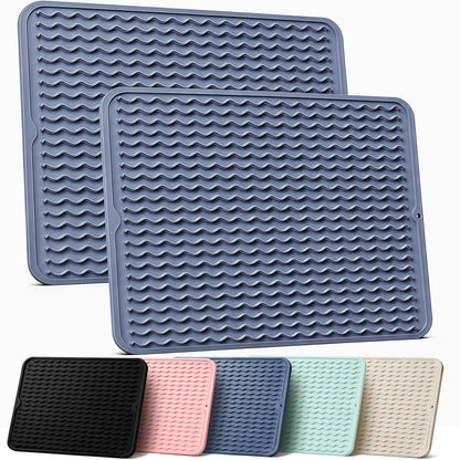 2 Pack Silicone Dish Drying Mat for Kitchen Counter Coffee Bar Apartment Accessories Escurridor de Platos para Fregadero Under Sink Organizer Pet Food Appliance Stone Rack Trays Drain Black