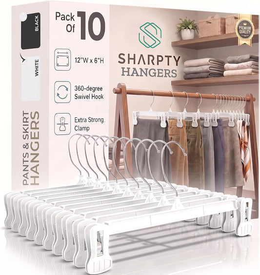 Sharpty Pant & Skirt Hangers - Closet Hangers for Shorts, Shirts, Jeans, Dresses, Slacks, Coats, Clothes, Clothing, Garments & More - Durable, Space Saving & Non-Slip, White - 10 Pack