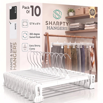 Sharpty Pant & Skirt Hangers - Closet Hangers for Shorts, Shirts, Jeans, Dresses, Slacks, Coats, Clothes, Clothing, Garments & More - Durable, Space Saving & Non-Slip, White - 10 Pack