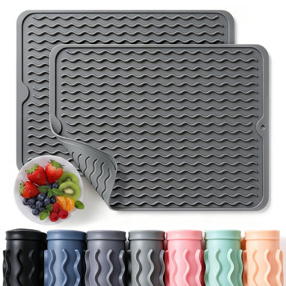 2 Pack Caketime Silicone Dish Drying Mat for Kitchen Counter Cooking Baking Coffee Bar Hot Pads Accessories Dining Home Essentials Under Sink Protector Organizers Stone Rack Trays Drain Black