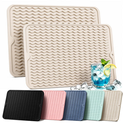 2 Pack Silicone Dish Drying Mat for Kitchen Counter Coffee Bar Apartment Accessories Escurridor de Platos para Fregadero Under Sink Organizer Pet Food Appliance Stone Rack Trays Drain Black