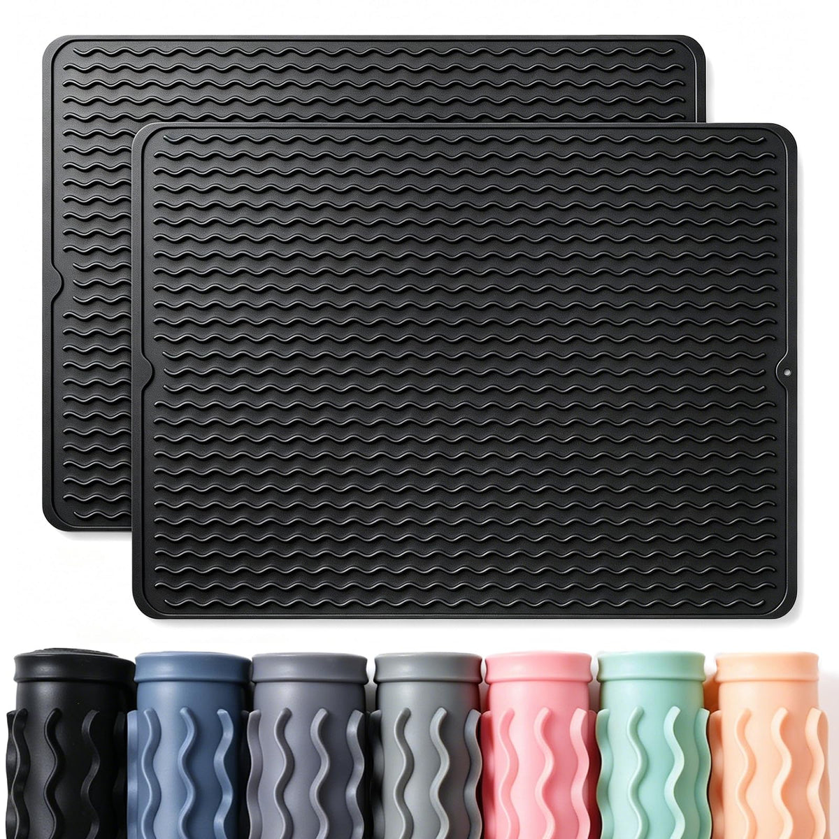 2 Pack Caketime Silicone Dish Drying Mat for Kitchen Counter Cooking Baking Coffee Bar Hot Pads Accessories Dining Home Essentials Under Sink Protector Organizers Stone Rack Trays Drain Black