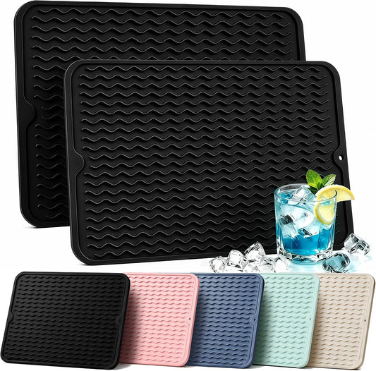 2 Pack Silicone Dish Drying Mat for Kitchen Counter Coffee Bar Apartment Accessories Escurridor de Platos para Fregadero Under Sink Organizer Pet Food Appliance Stone Rack Trays Drain Black