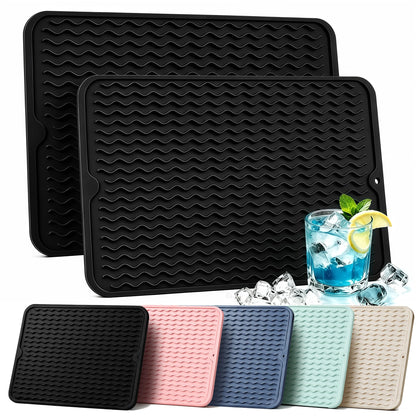 2 Pack Silicone Dish Drying Mat for Kitchen Counter Coffee Bar Apartment Accessories Escurridor de Platos para Fregadero Under Sink Organizer Pet Food Appliance Stone Rack Trays Drain Black