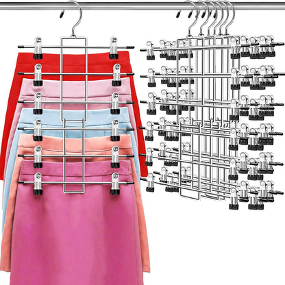 Pants Hangers with Clips,Space Saving Hanging Closet Organizer-6 Tiers Skirt Hangers with 360° Swivel Hook,Closet Organizer-Clothes Hangers- College Dorm Essentials Apartment Essentials-2 Pack