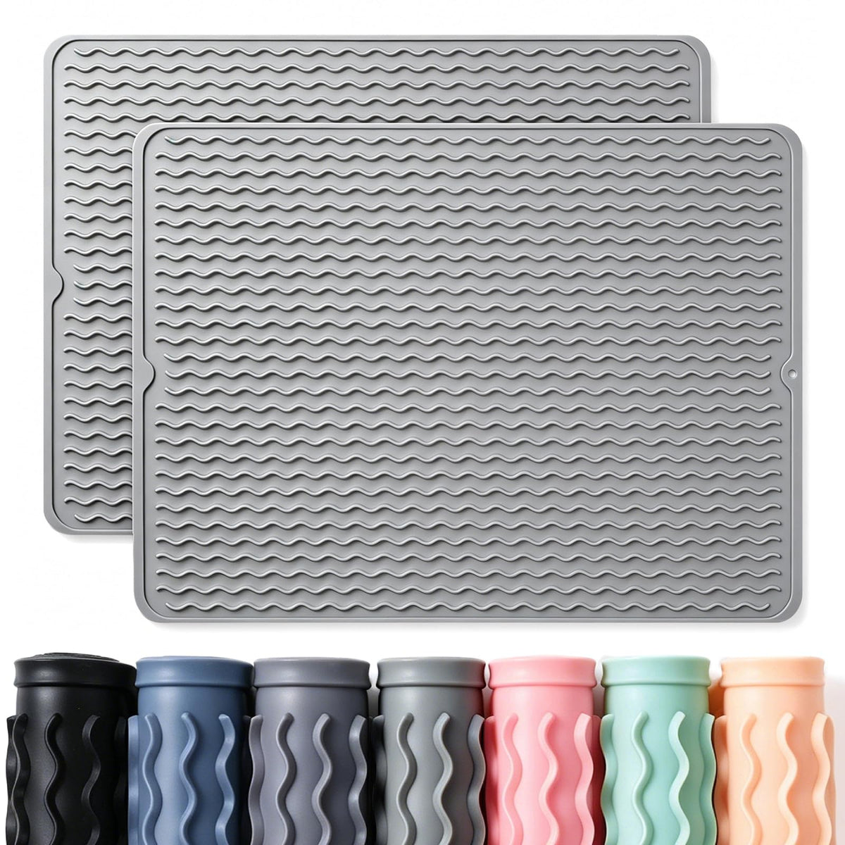 2 Pack Caketime Silicone Dish Drying Mat for Kitchen Counter Cooking Baking Coffee Bar Hot Pads Accessories Dining Home Essentials Under Sink Protector Organizers Stone Rack Trays Drain Black