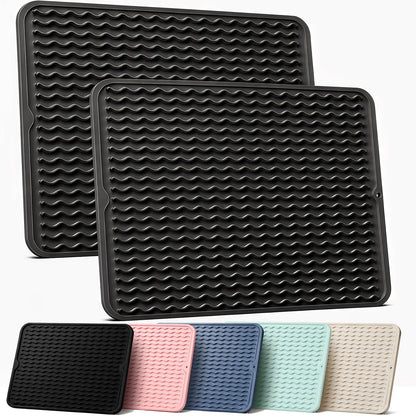 2 Pack Silicone Dish Drying Mat for Kitchen Counter Coffee Bar Apartment Accessories Escurridor de Platos para Fregadero Under Sink Organizer Pet Food Appliance Stone Rack Trays Drain Black