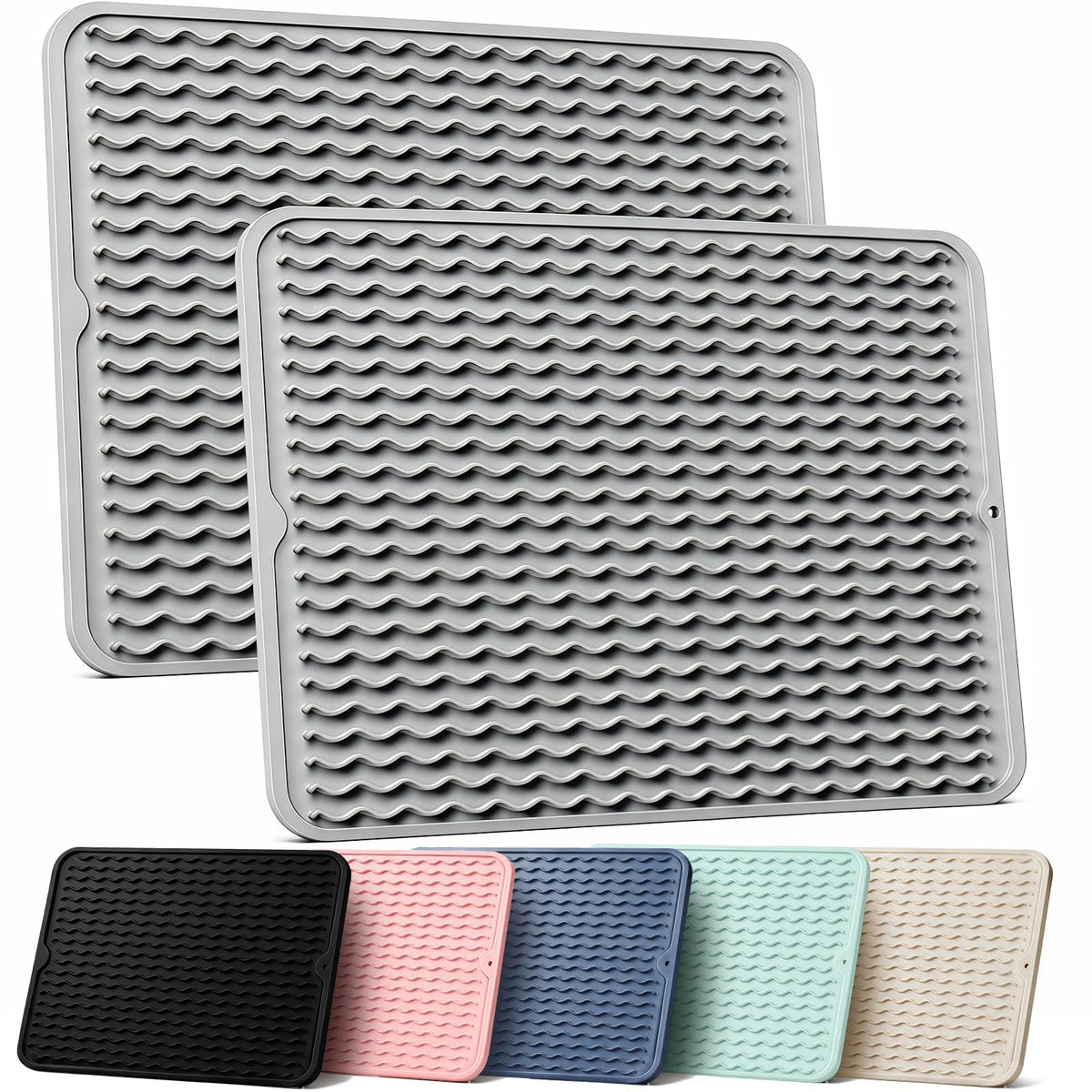 2 Pack Silicone Dish Drying Mat for Kitchen Counter Coffee Bar Apartment Accessories Escurridor de Platos para Fregadero Under Sink Organizer Pet Food Appliance Stone Rack Trays Drain Black