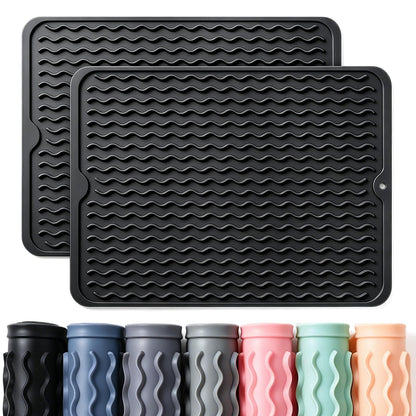 2 Pack Caketime Silicone Dish Drying Mat for Kitchen Counter Cooking Baking Coffee Bar Hot Pads Accessories Dining Home Essentials Under Sink Protector Organizers Stone Rack Trays Drain Black