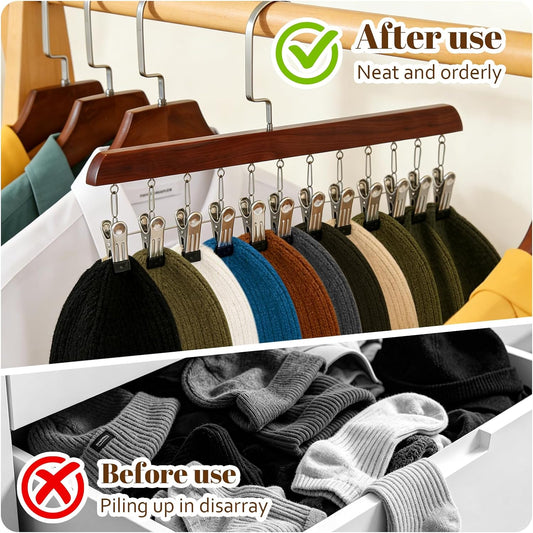 2PCS Space Saving Hanging Clothes Organizer, Wooden Pants Hanger 12-Clip