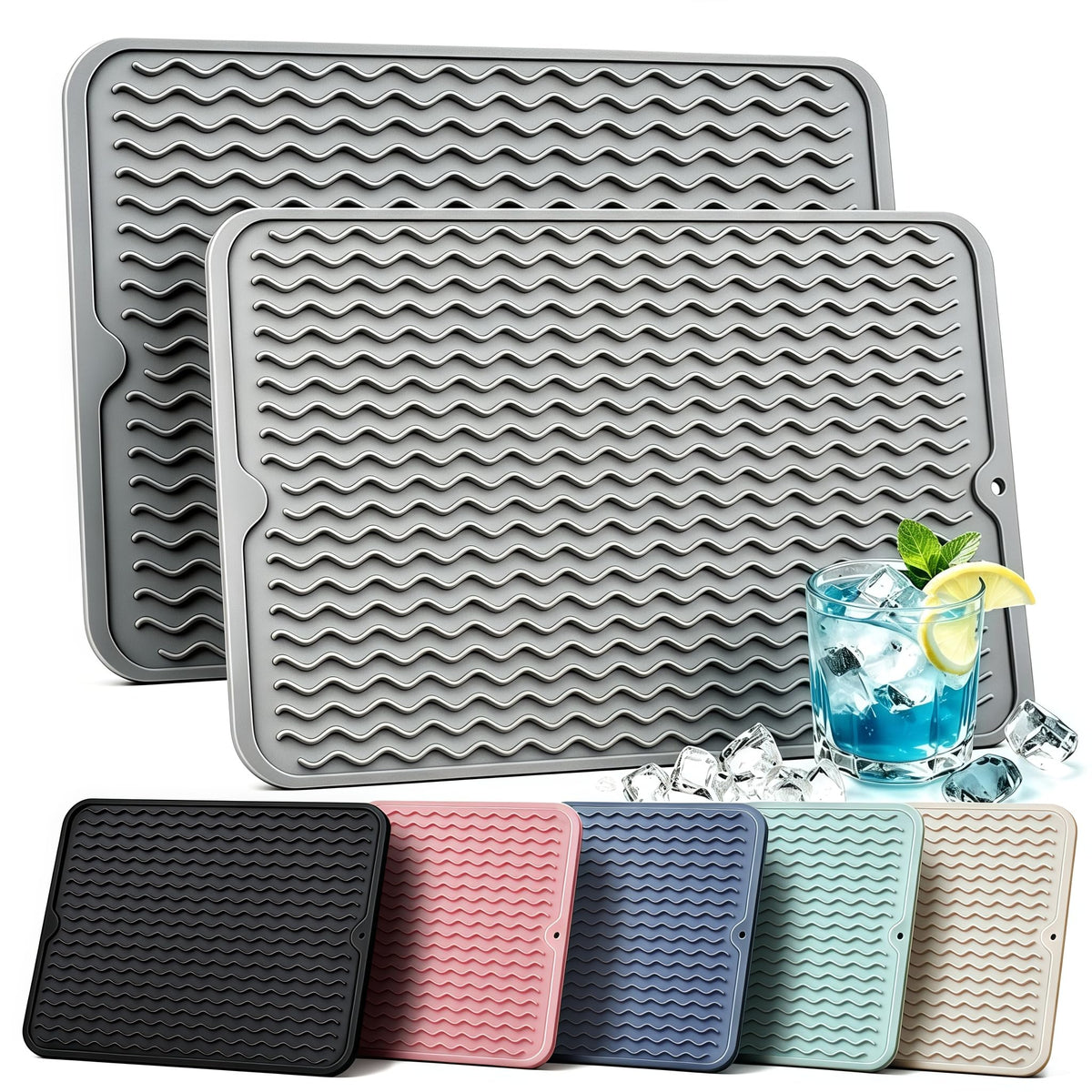 2 Pack Silicone Dish Drying Mat for Kitchen Counter Coffee Bar Apartment Accessories Escurridor de Platos para Fregadero Under Sink Organizer Pet Food Appliance Stone Rack Trays Drain Black