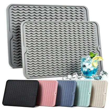 2 Pack Silicone Dish Drying Mat for Kitchen Counter Coffee Bar Apartment Accessories Escurridor de Platos para Fregadero Under Sink Organizer Pet Food Appliance Stone Rack Trays Drain Black